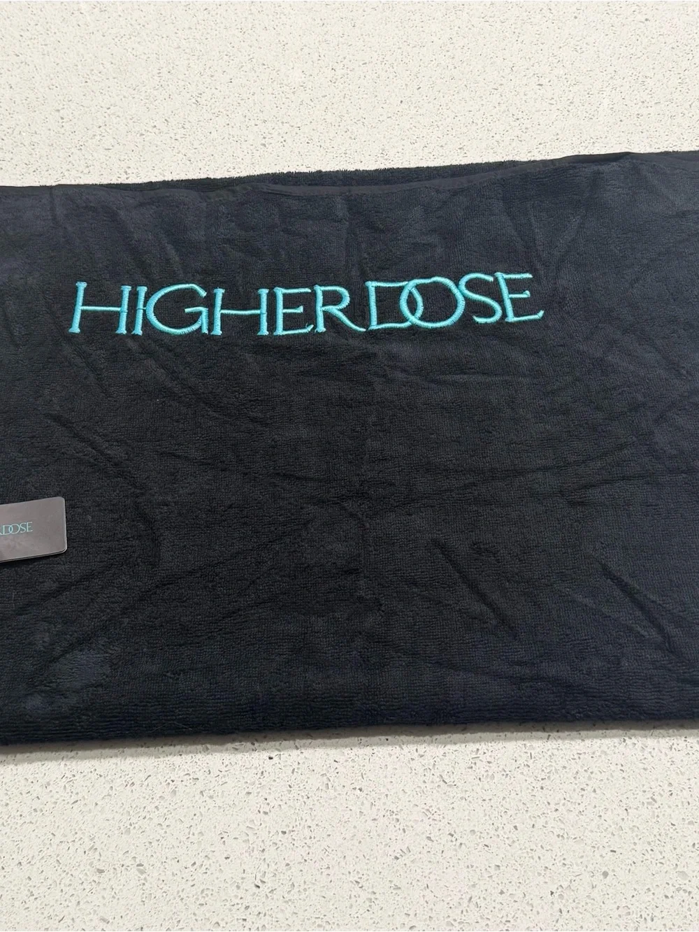 HIGHER DOSE Embroidered Black Bath Towel with Teal Logo